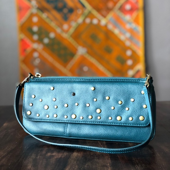Emerald Green clutch with gold stud accents - Picture 1 of 5